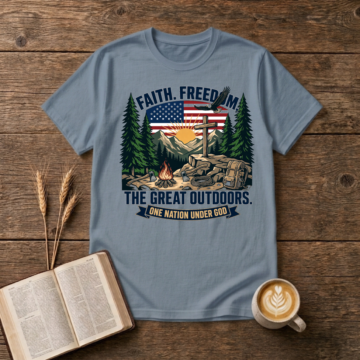 Cross on rock with bald eagle over the flag, mountain sunrise, pines and campfire on a Stone Blue unisex T-Shirt