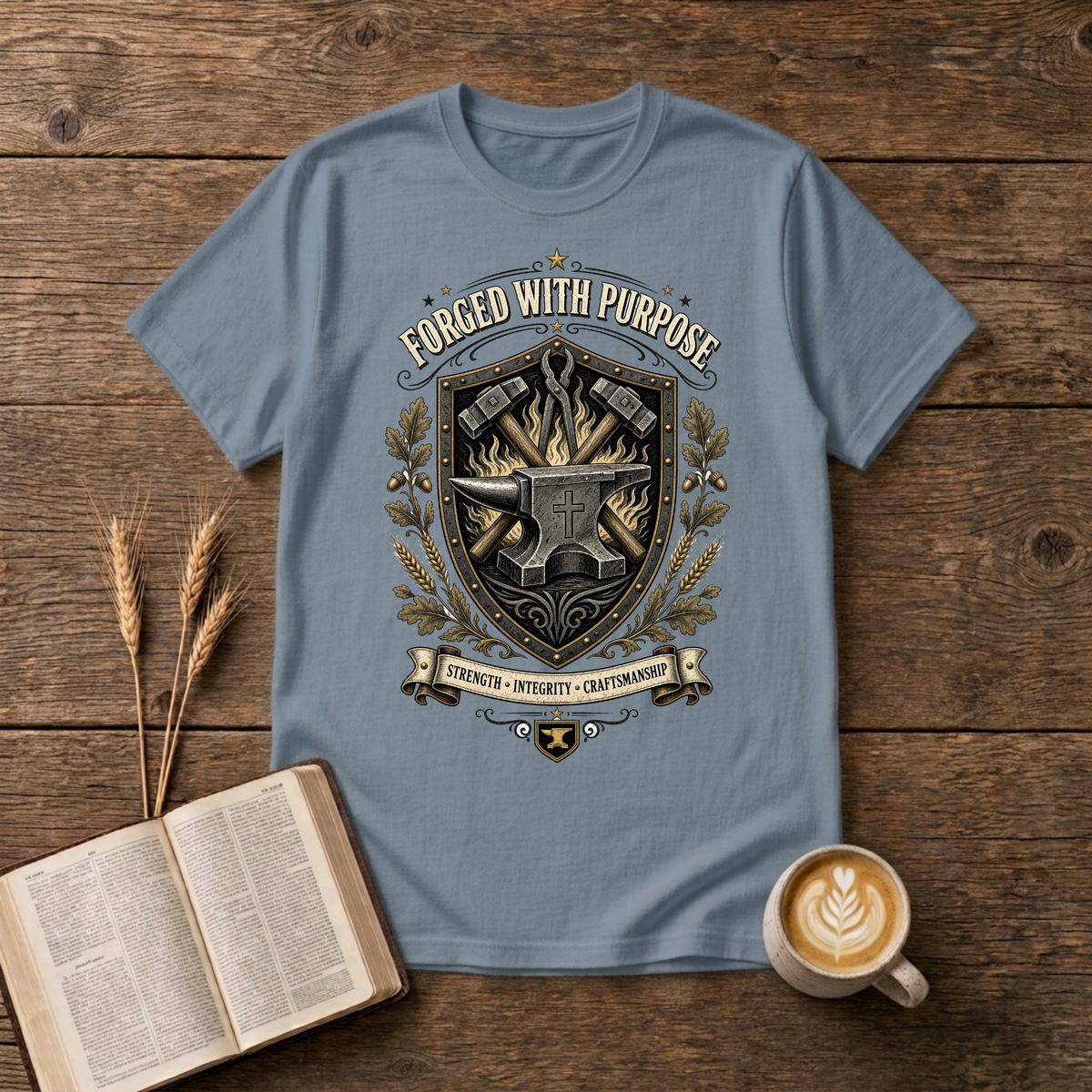 Monochrome blacksmith crest with anvil, hammer and forge flames framed by laurel on a Stone Blue unisex T-Shirt