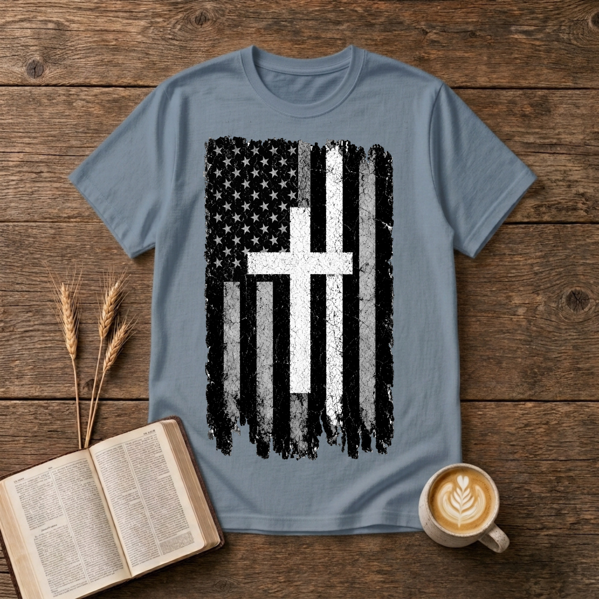 Vintage distressed stars-and-stripes flag with a thin white line on a Stone Blue unisex T-Shirt