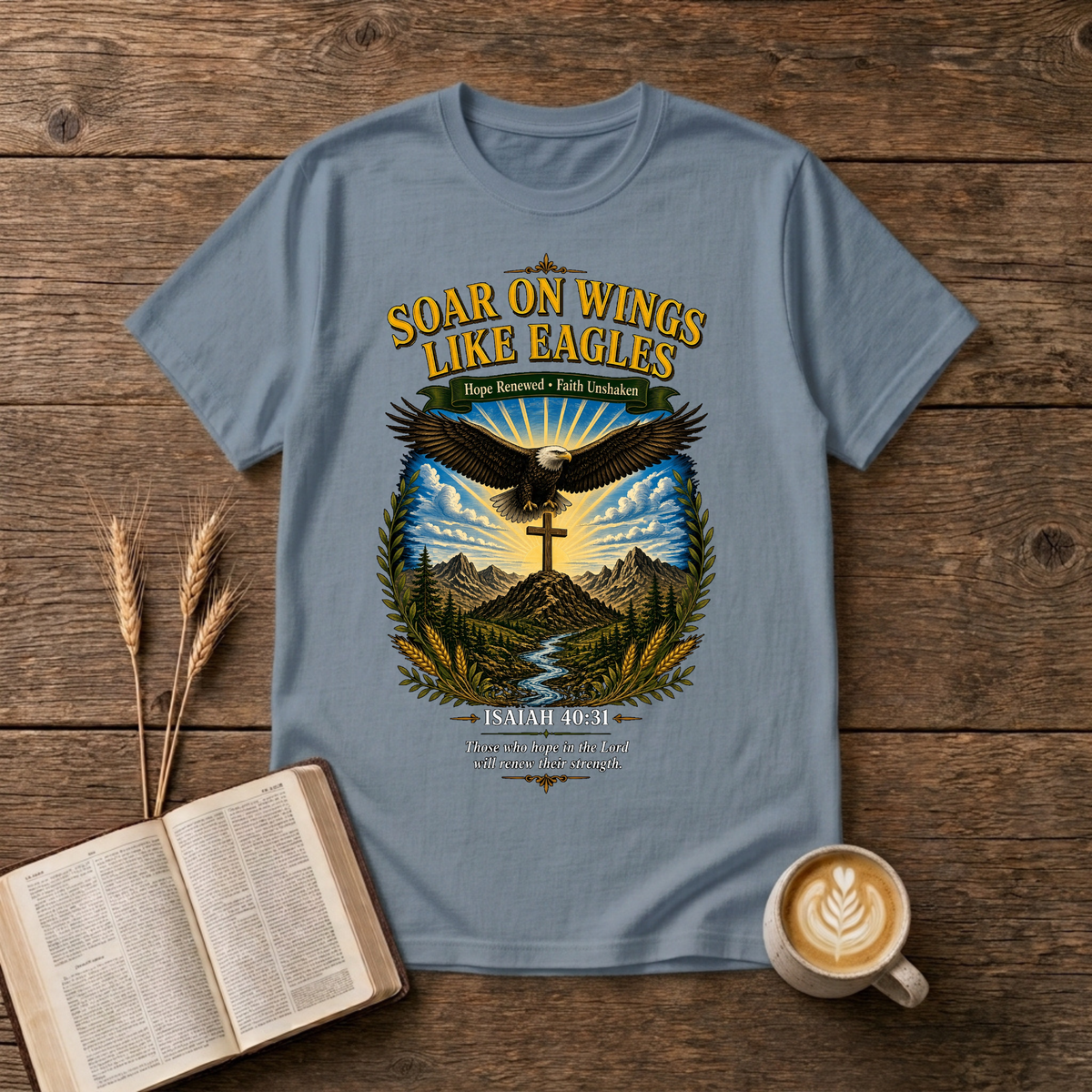 Vintage-style eagle artwork with Soar on Wings Like Eagles on a Stone Blue unisex T-Shirt