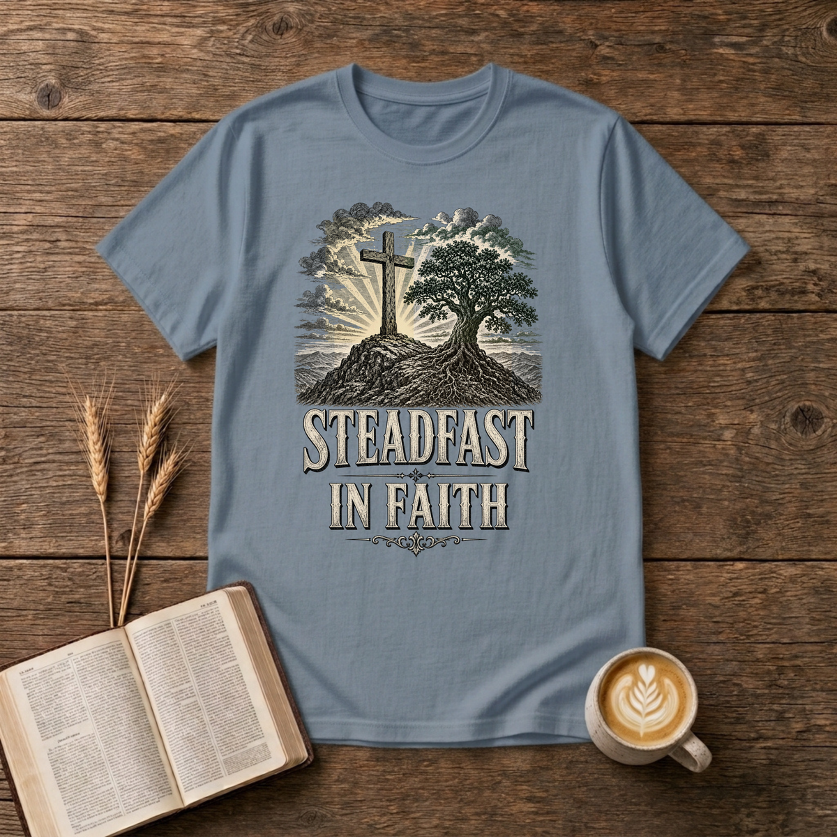 Weathered cross beside a steadfast tree on a rocky mound on a Stone Blue unisex T-Shirt