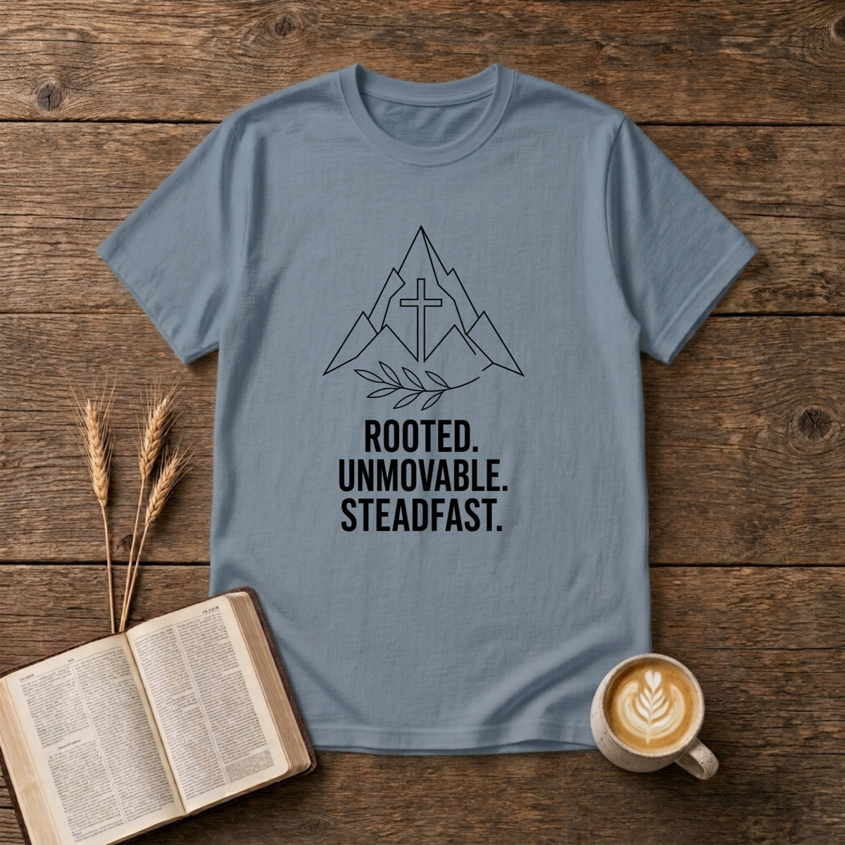 Minimalist mountain outline with centered cross and laurel sprig, Rooted Unmovable Steadfast on a Stone Blue unisex T-Shirt