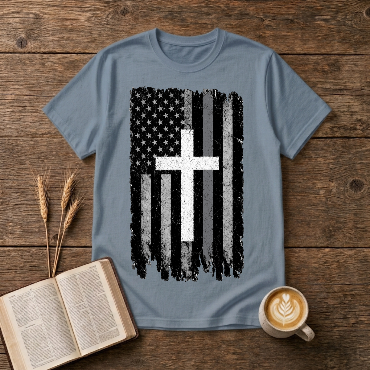 Faded American flag and distressed cross with a silver line on a Stone Blue unisex T-Shirt