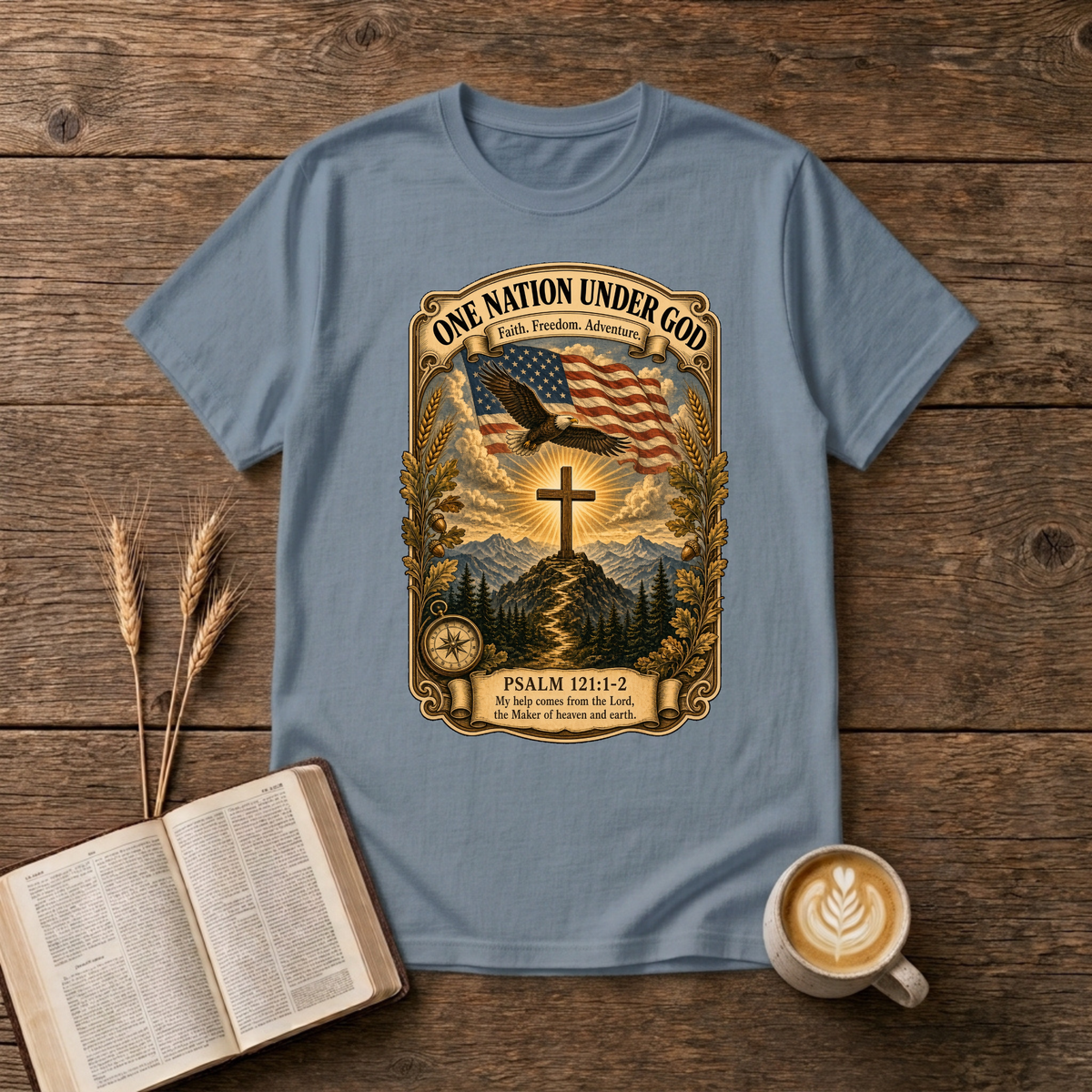 Waving flag, soaring eagle and simple cross over a misty landscape on a Stone Blue unisex T-Shirt