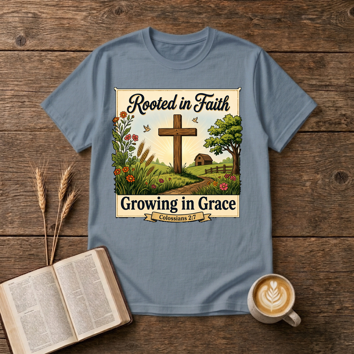 Rooted in Faith Growing in Grace design with a cross, grasses and small farmhouse on a Stone Blue unisex T-Shirt