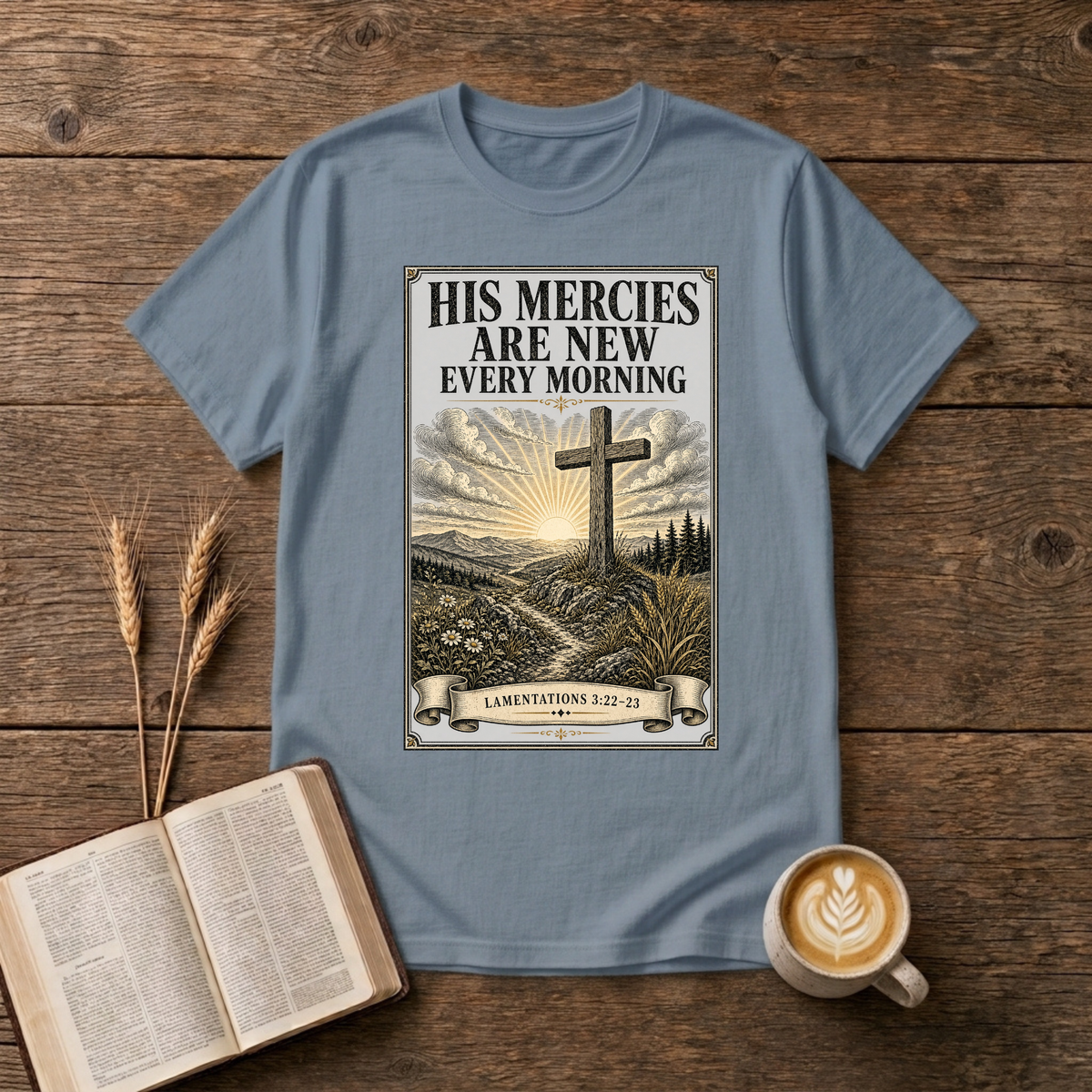 Simple cross with a sunrise halo and the words His mercies are new every morning on a Stone Blue unisex T-Shirt