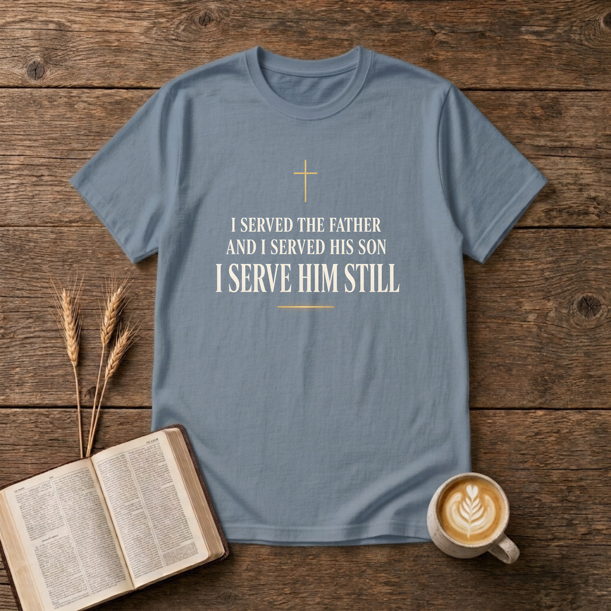 Minimalist gold cross with I Served the Father and I Served His Son on a Stone Blue unisex T-Shirt