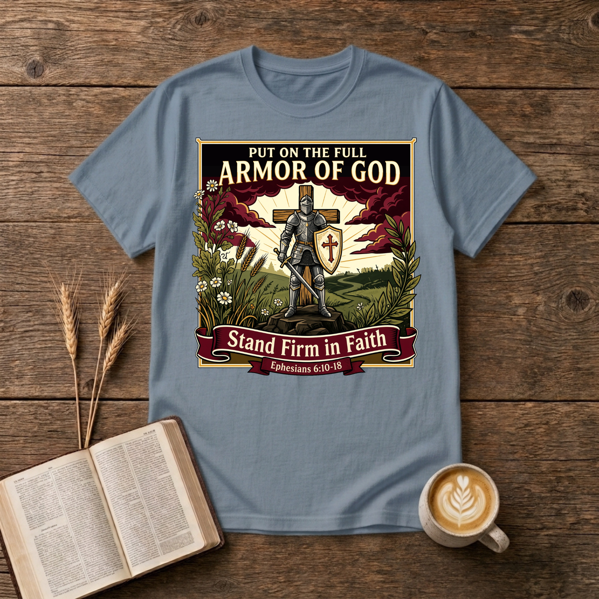 Armor of God design of a figure standing firm with a shield and cross under dramatic skies on a Stone Blue unisex T-Shirt