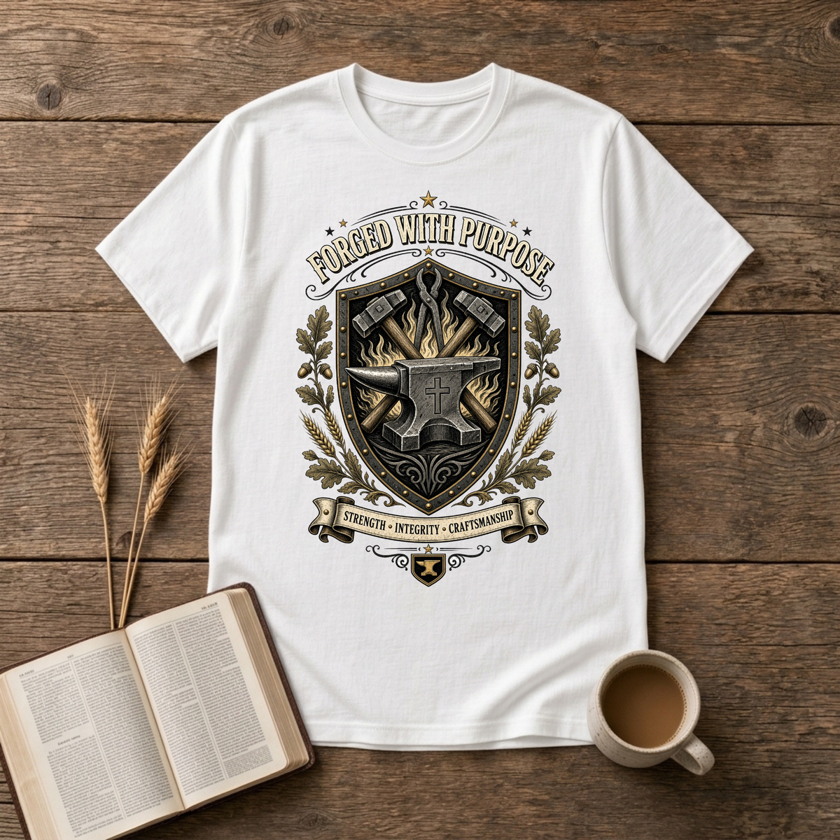 Monochrome blacksmith crest with anvil, hammer and forge flames framed by laurel on a White unisex T-Shirt