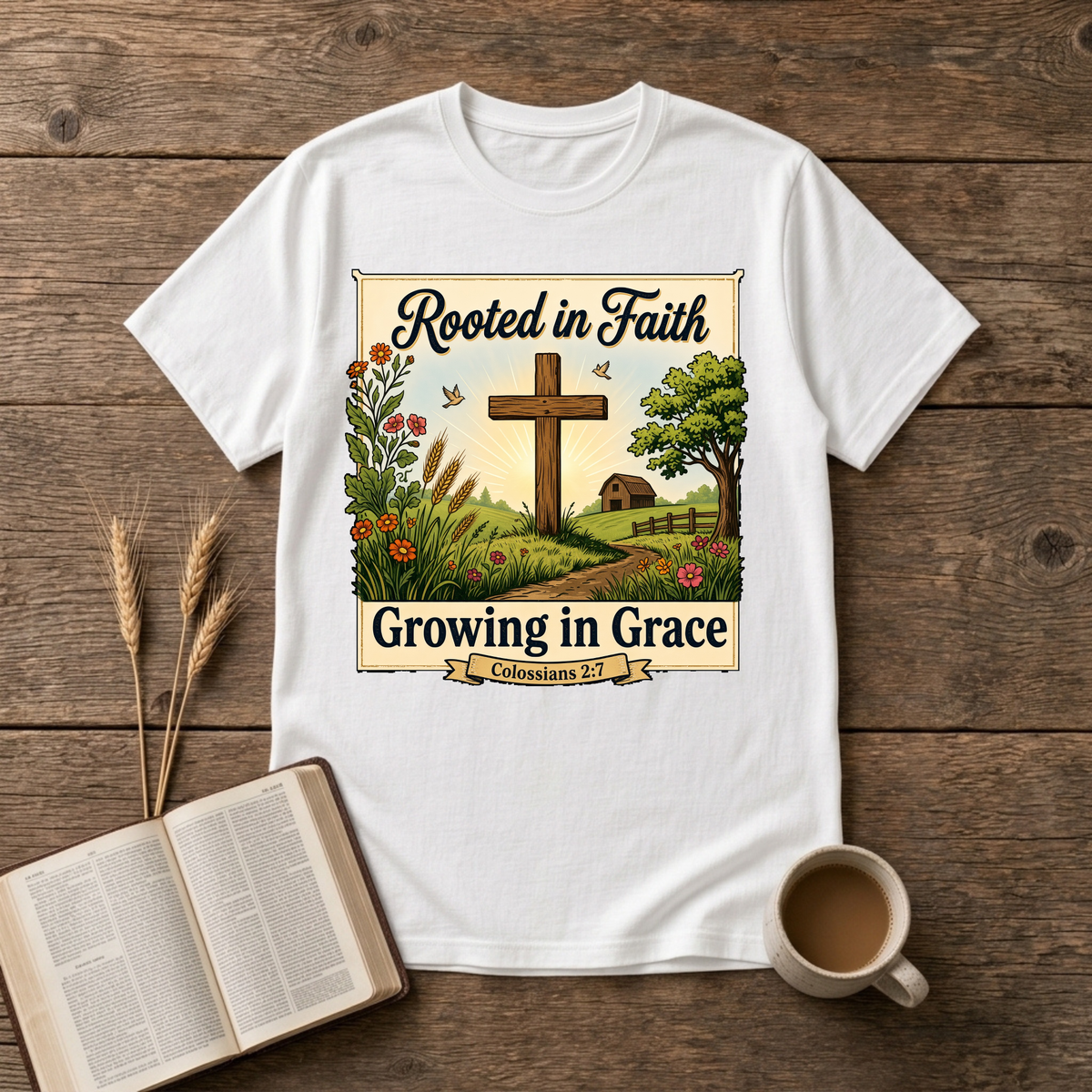 Rooted in Faith Growing in Grace design with a cross, grasses and small farmhouse on a White unisex T-Shirt