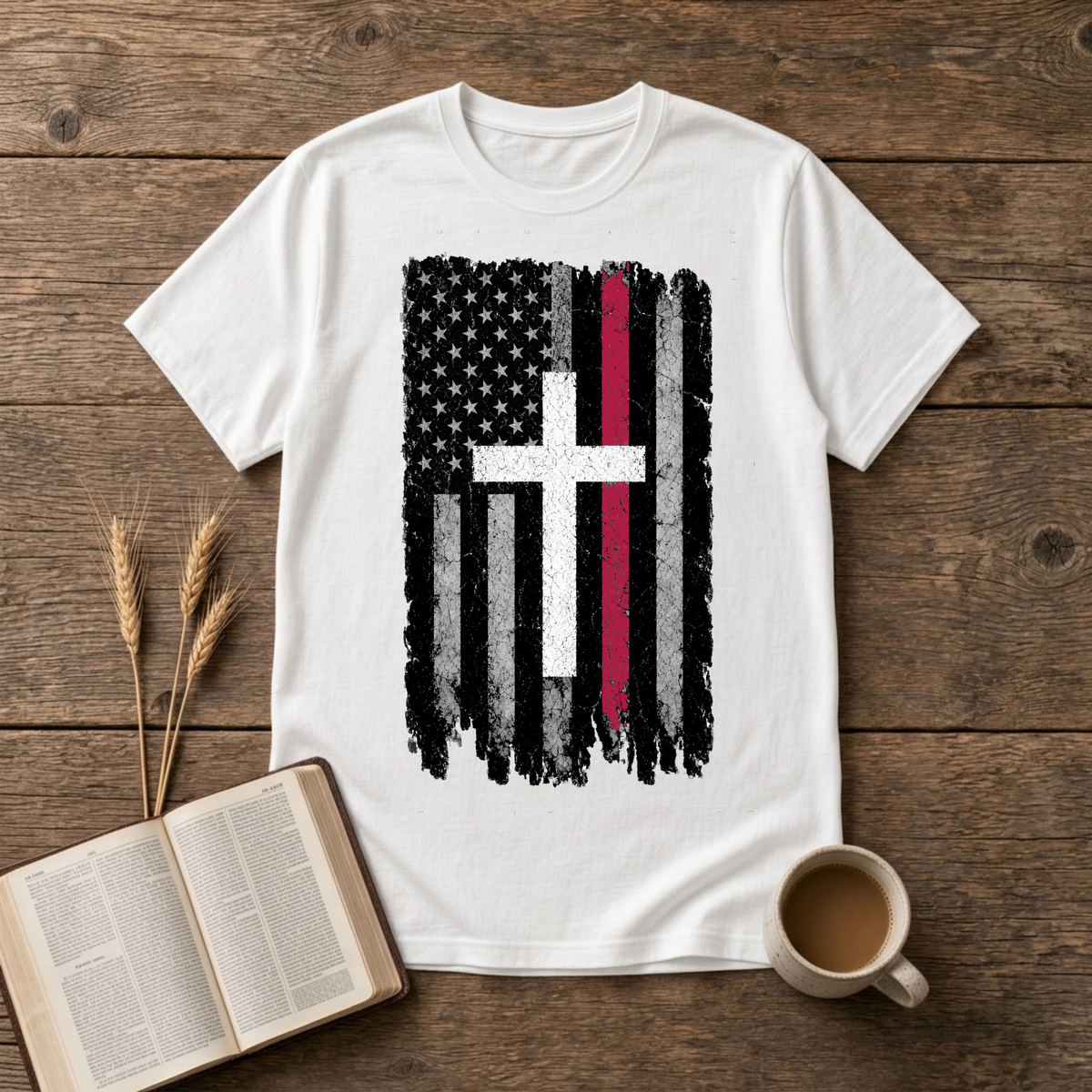 Grayscale American flag with a thin red stripe and cross motif on a White unisex T-Shirt
