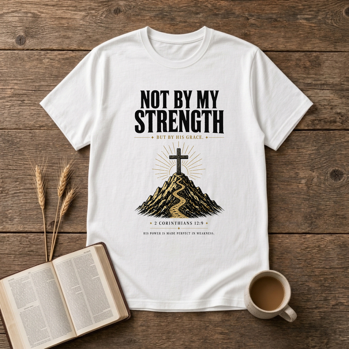 Distressed NOT BY MY STRENGTH lettering above a cross and mountain motif on a White unisex T-Shirt