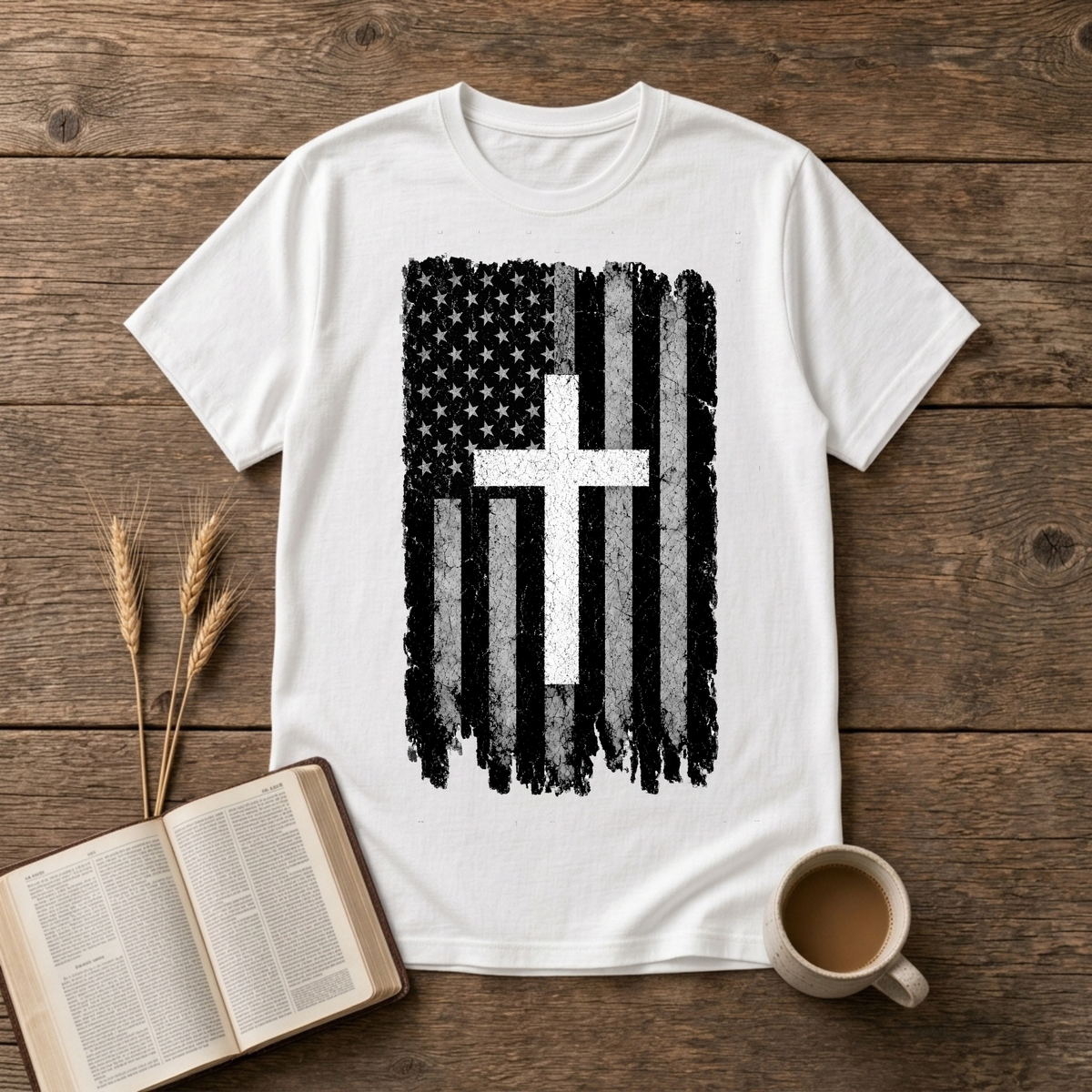Distressed American flag with white cross on a White t-shirt