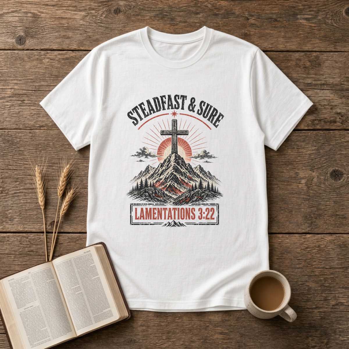 Faded cross with sunrise over mountains, Steadfast and Sure on a White unisex T-Shirt