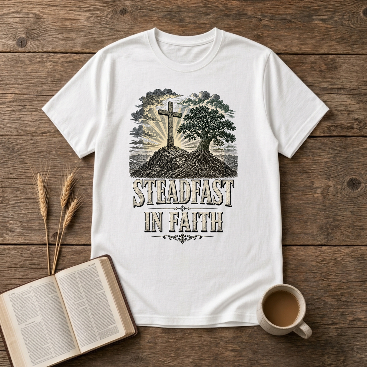 Weathered cross beside a steadfast tree on a rocky mound on a White unisex T-Shirt