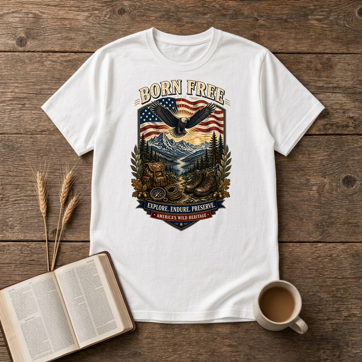 Born Free design of a soaring eagle over a waving American flag and pine-lined mountains on a White unisex T-Shirt