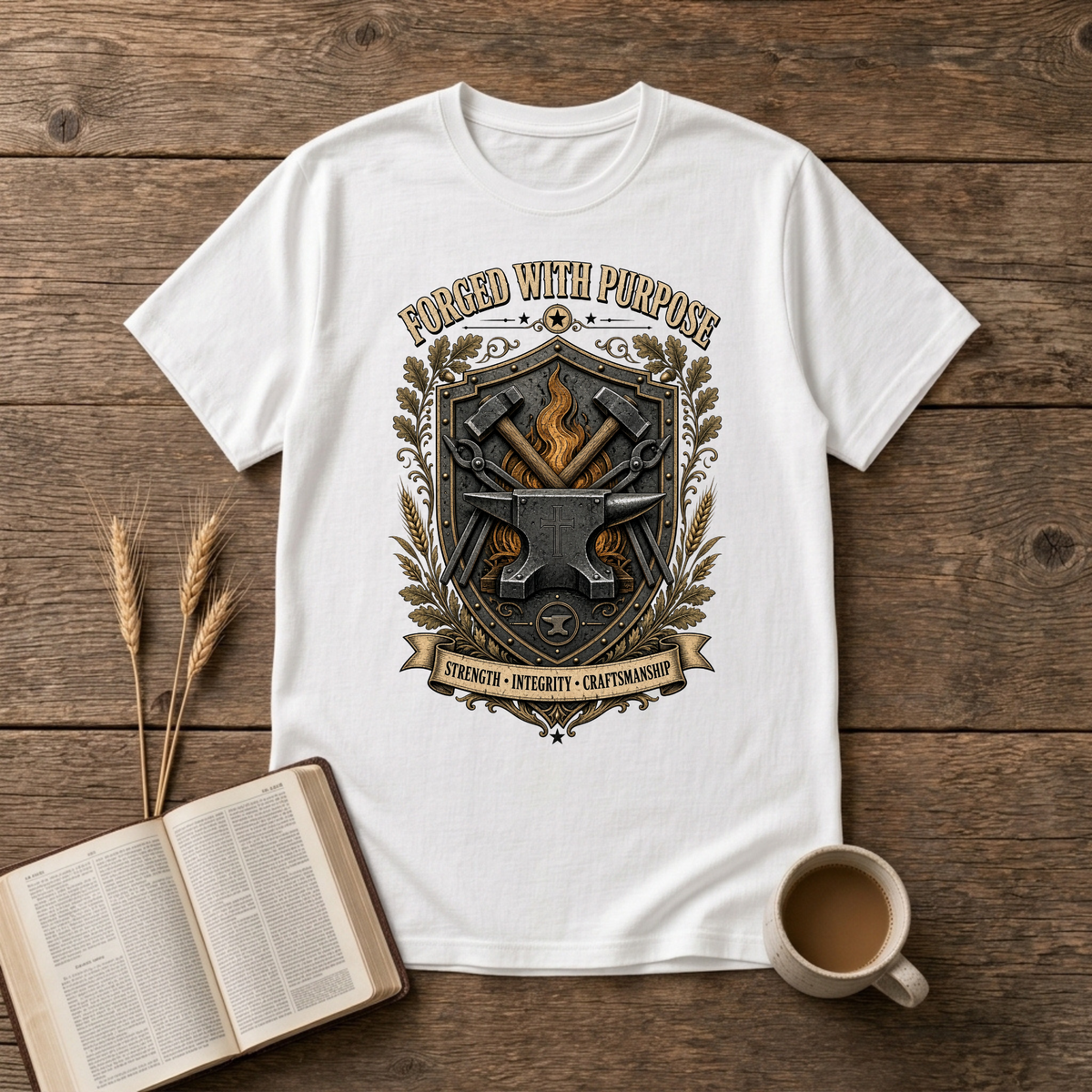Forged With Purpose emblem of crossed hammers, an anvil and forge glow on a White unisex T-Shirt