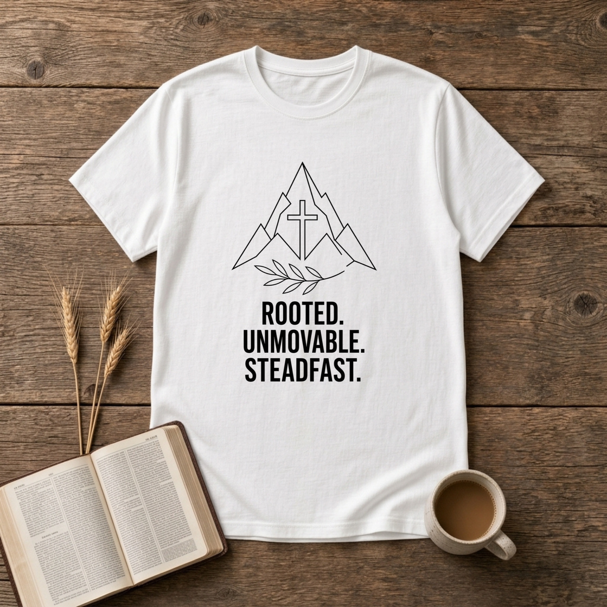 Minimalist mountain outline with centered cross and laurel sprig, Rooted Unmovable Steadfast on a White unisex T-Shirt
