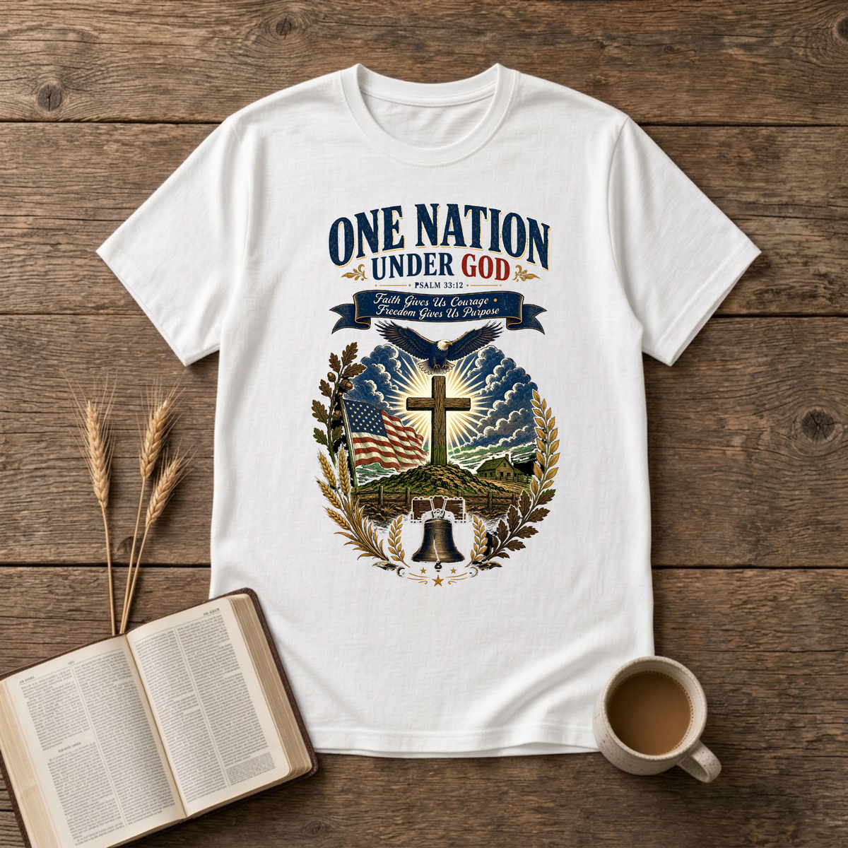 One Nation Under God design with eagle, cross and laurel wreath on a White unisex T-Shirt