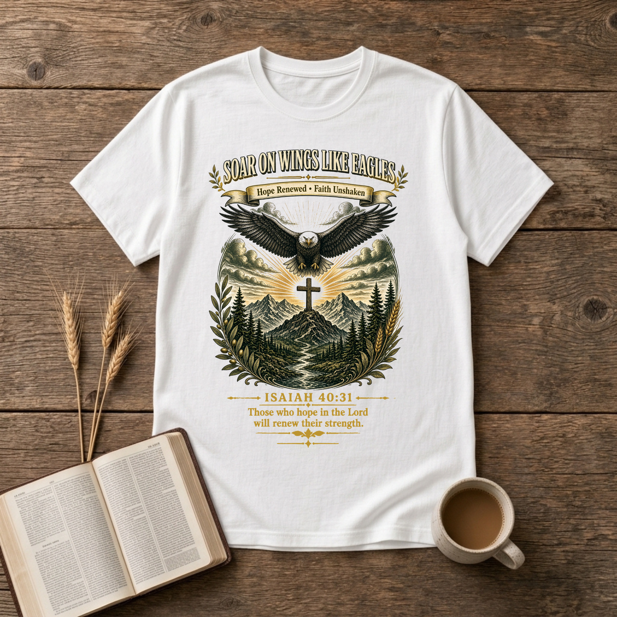 Eagle in mid-flight over a cross at sunrise and a forest on a White unisex T-Shirt
