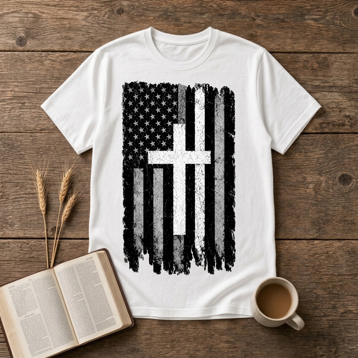 Vintage distressed stars-and-stripes flag with a thin white line on a White unisex T-Shirt