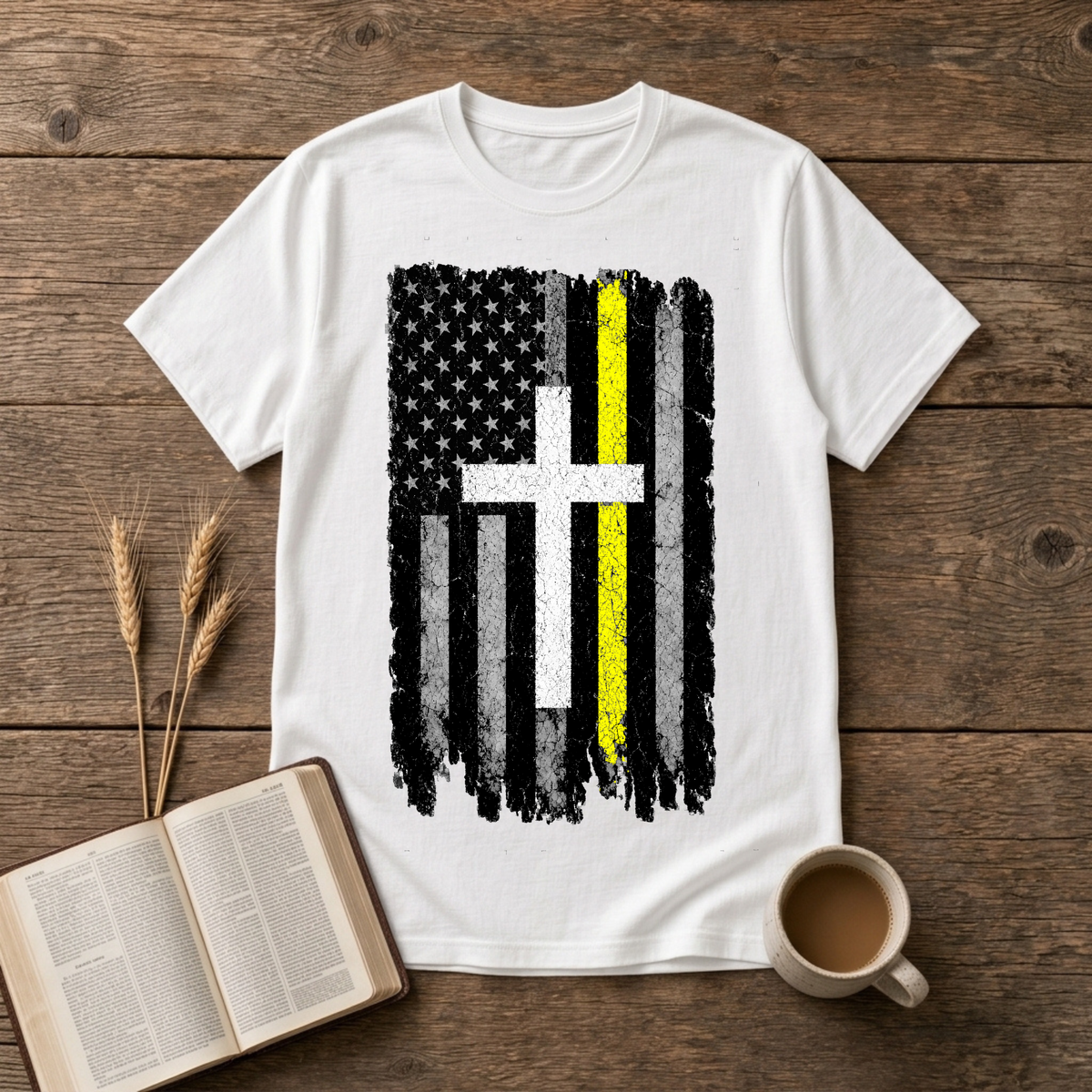 Distressed American flag with a vertical yellow line on a White unisex T-Shirt