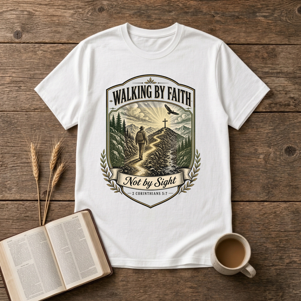 Walking By Faith Not by Sight Christian graphic on a White unisex T-Shirt