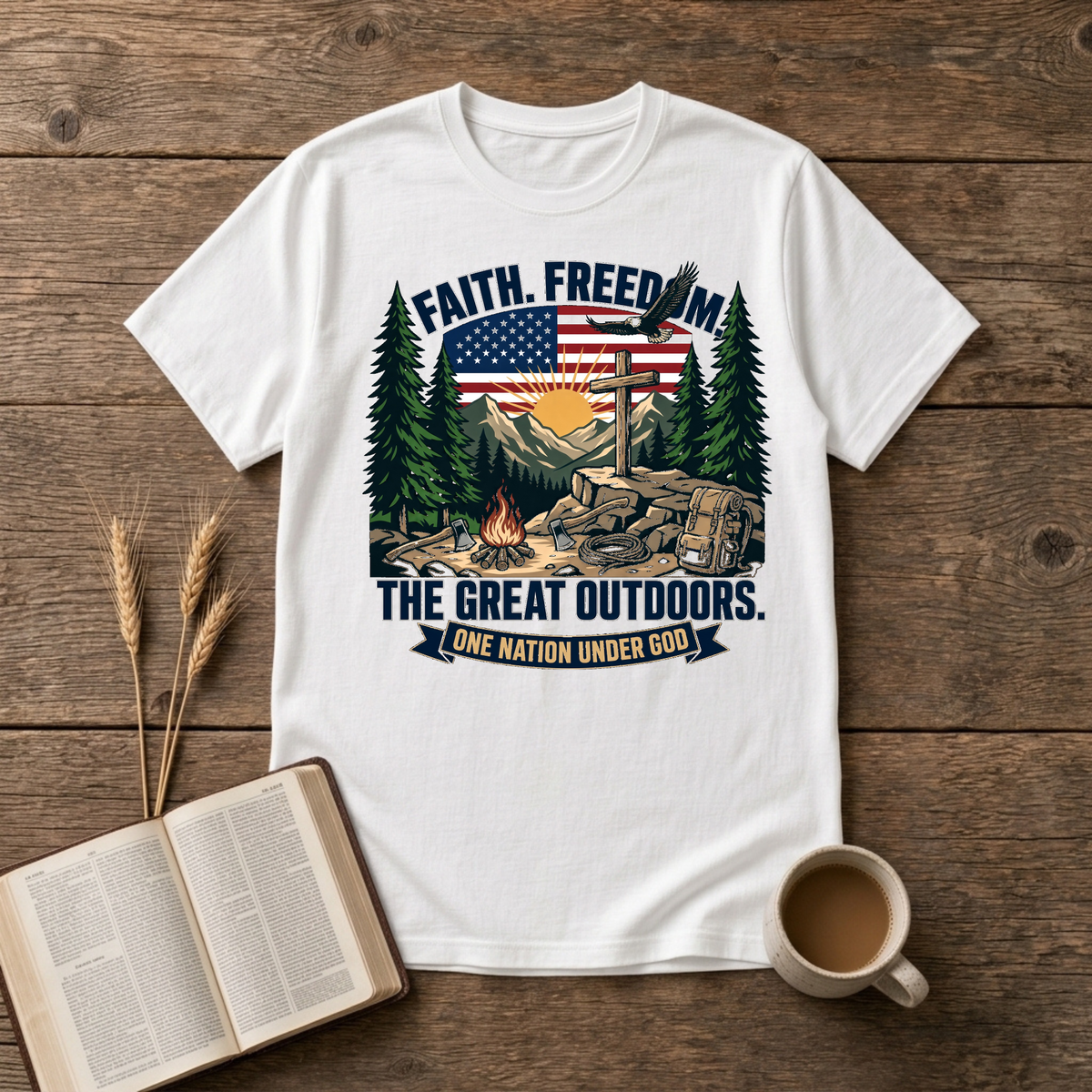 Cross on rock with bald eagle over the flag, mountain sunrise, pines and campfire on a White unisex T-Shirt