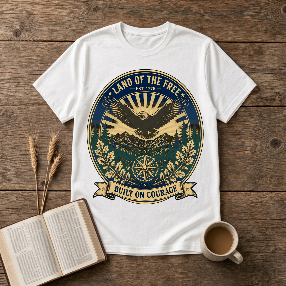 Vintage-style eagle emblem with Land of the Free and patriotic motifs on a White unisex T-Shirt