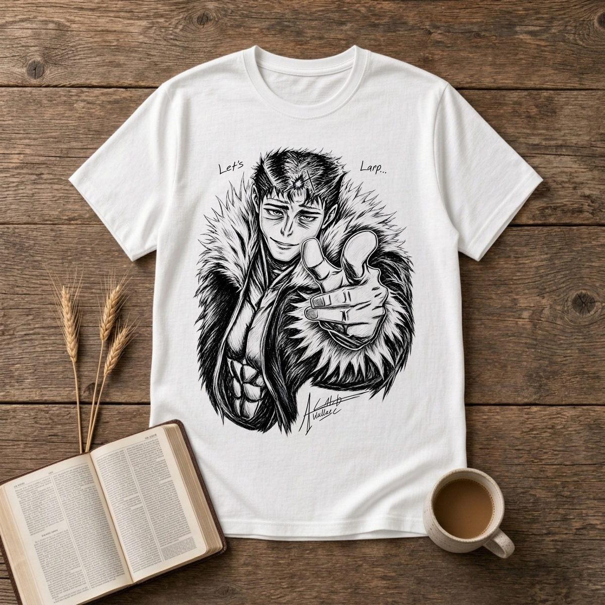 Monochrome anime character in a fur collar reaching out, Let's Larp on a White unisex T-Shirt
