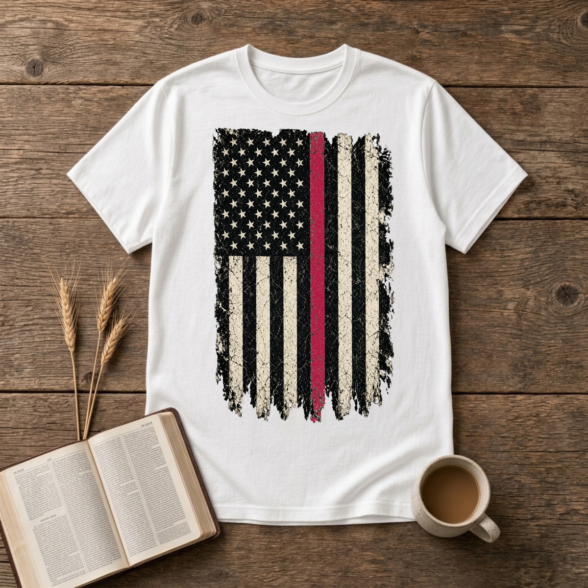 Weathered American flag with a thin red line on a White unisex T-Shirt