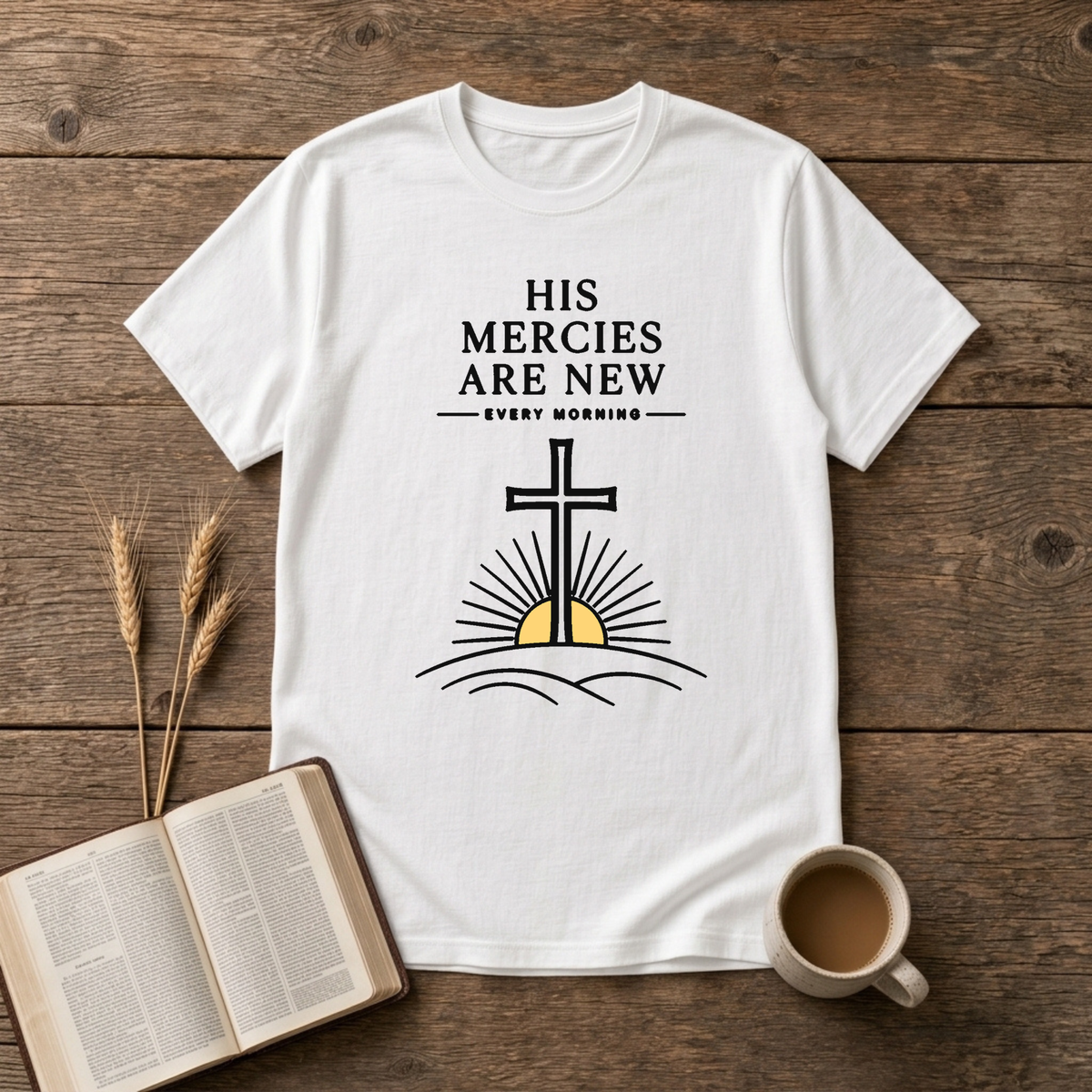 Subtle His mercies are new lettering with a softened cross above a rising sun on a White unisex T-Shirt