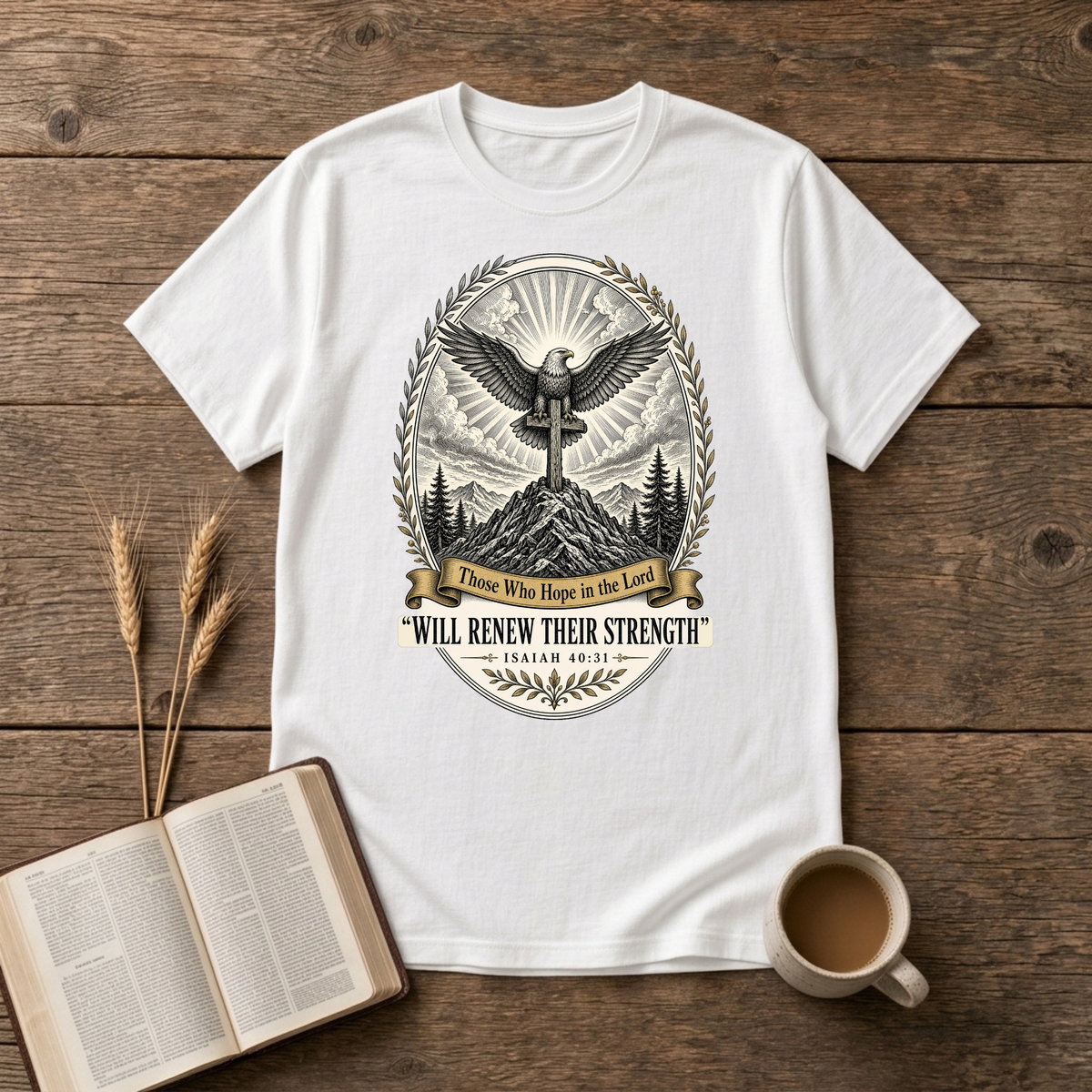Grayscale eagle emblem with outstretched wings above a mountain landscape on a White unisex T-Shirt