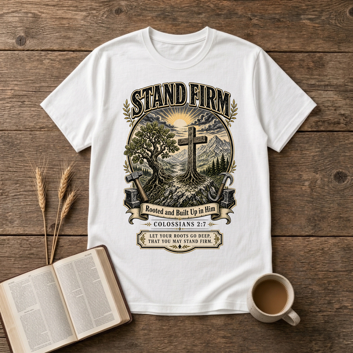 Stand Firm pastoral scene with a cross on a hill, oak trees and rising sun on a White unisex T-Shirt