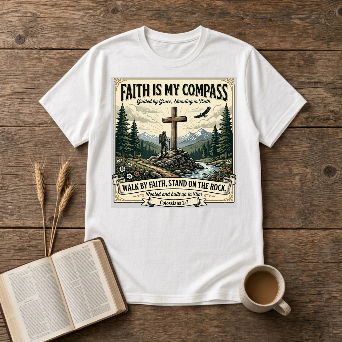 Faith Is My Compass design of a cross among pines with a lone hiker and soaring eagle on a White unisex T-Shirt