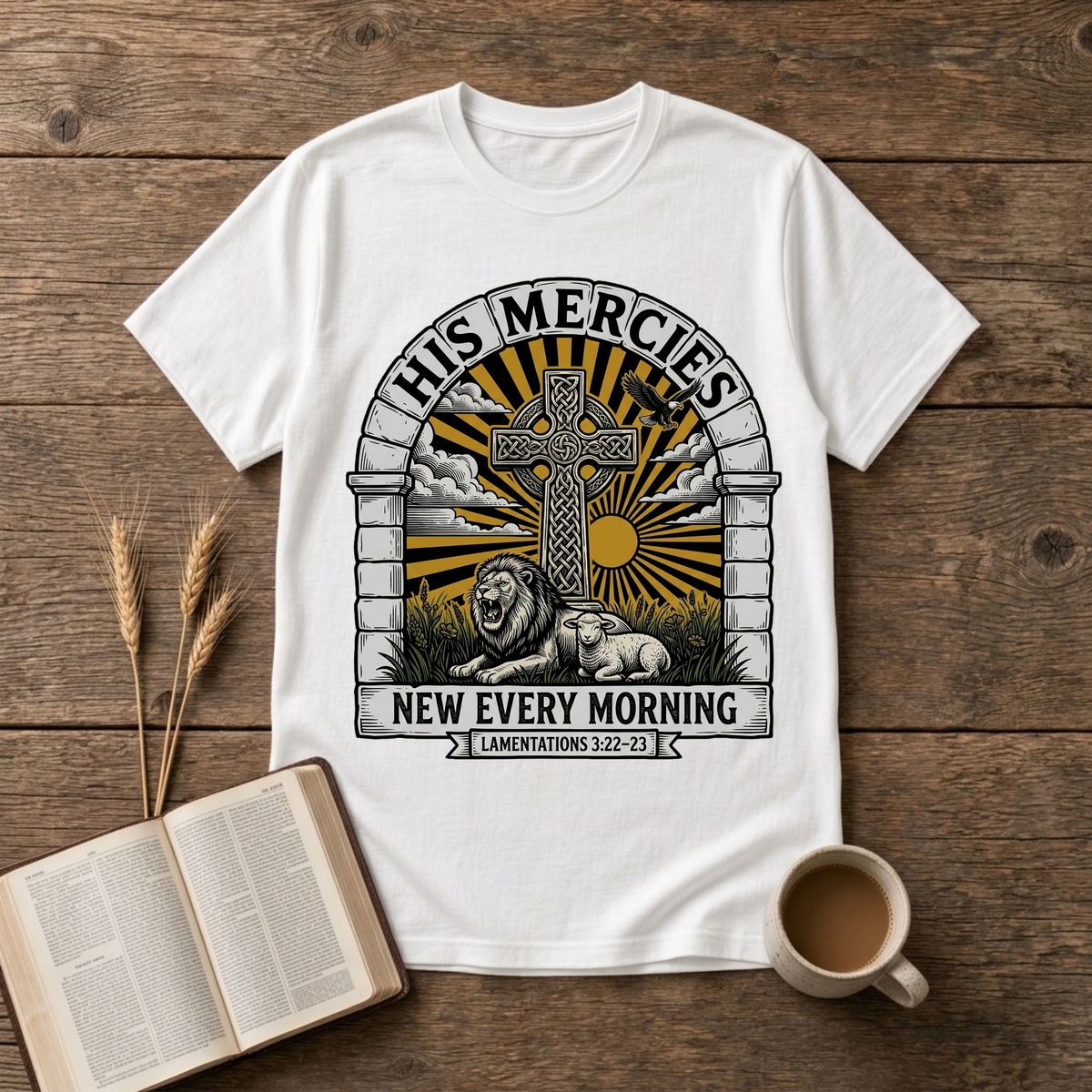 Celtic cross framed by an arched stone motif and sunrise rays on a White unisex T-Shirt