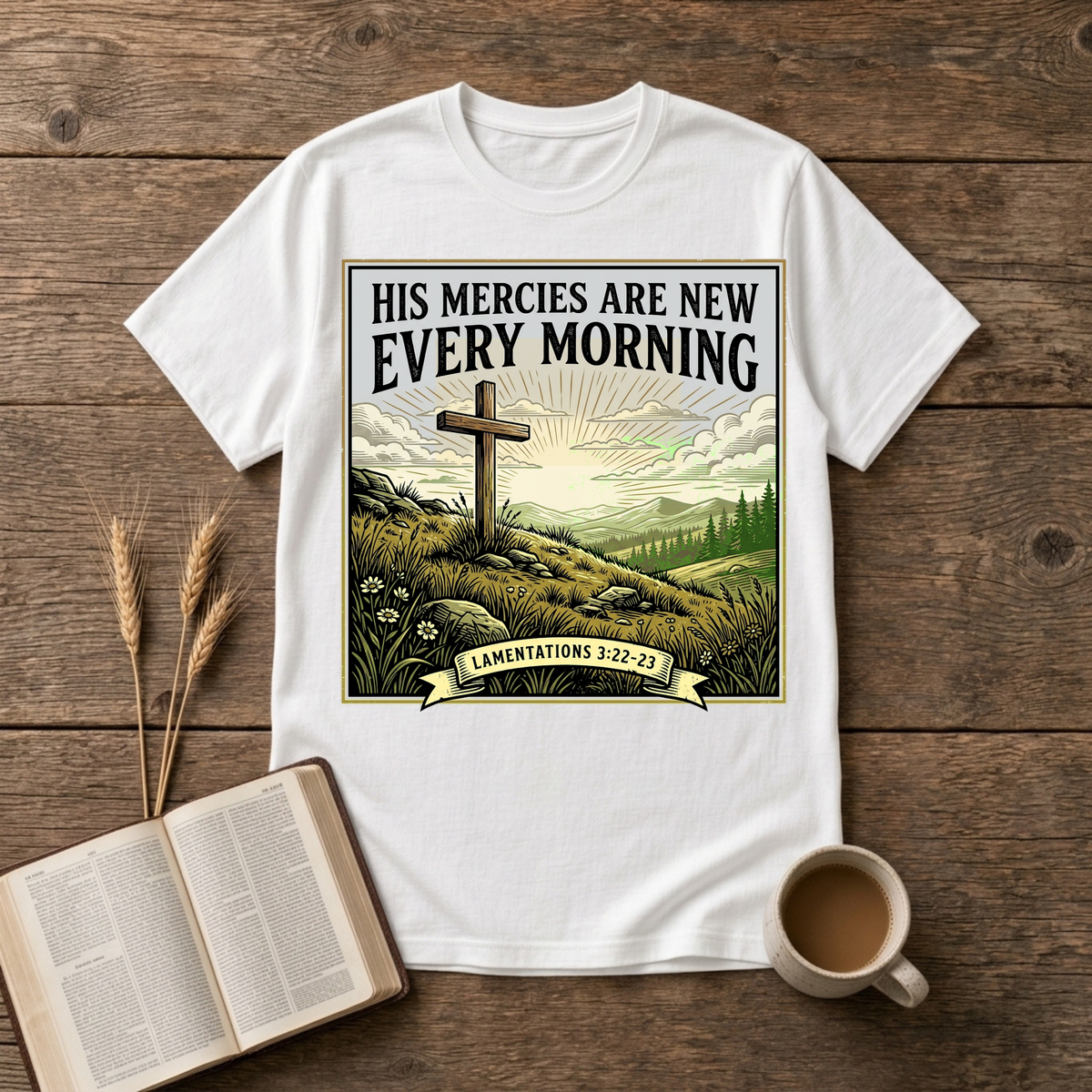Grayscale cross on a rocky rise with His mercies are new every morning on a White unisex T-Shirt