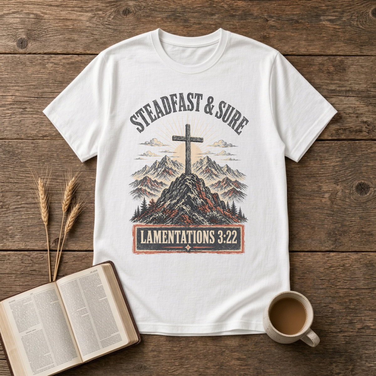 Steadfast and Sure lettering above a cross atop a rocky peak on a White unisex T-Shirt