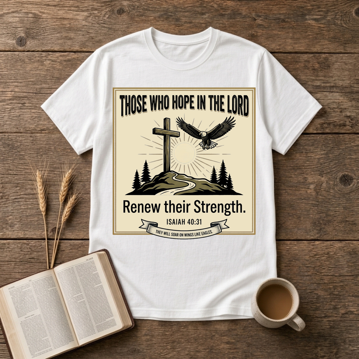Hand-etched cross on a hill beneath a rising sun with an eagle overhead in a wreath frame on a White unisex T-Shirt