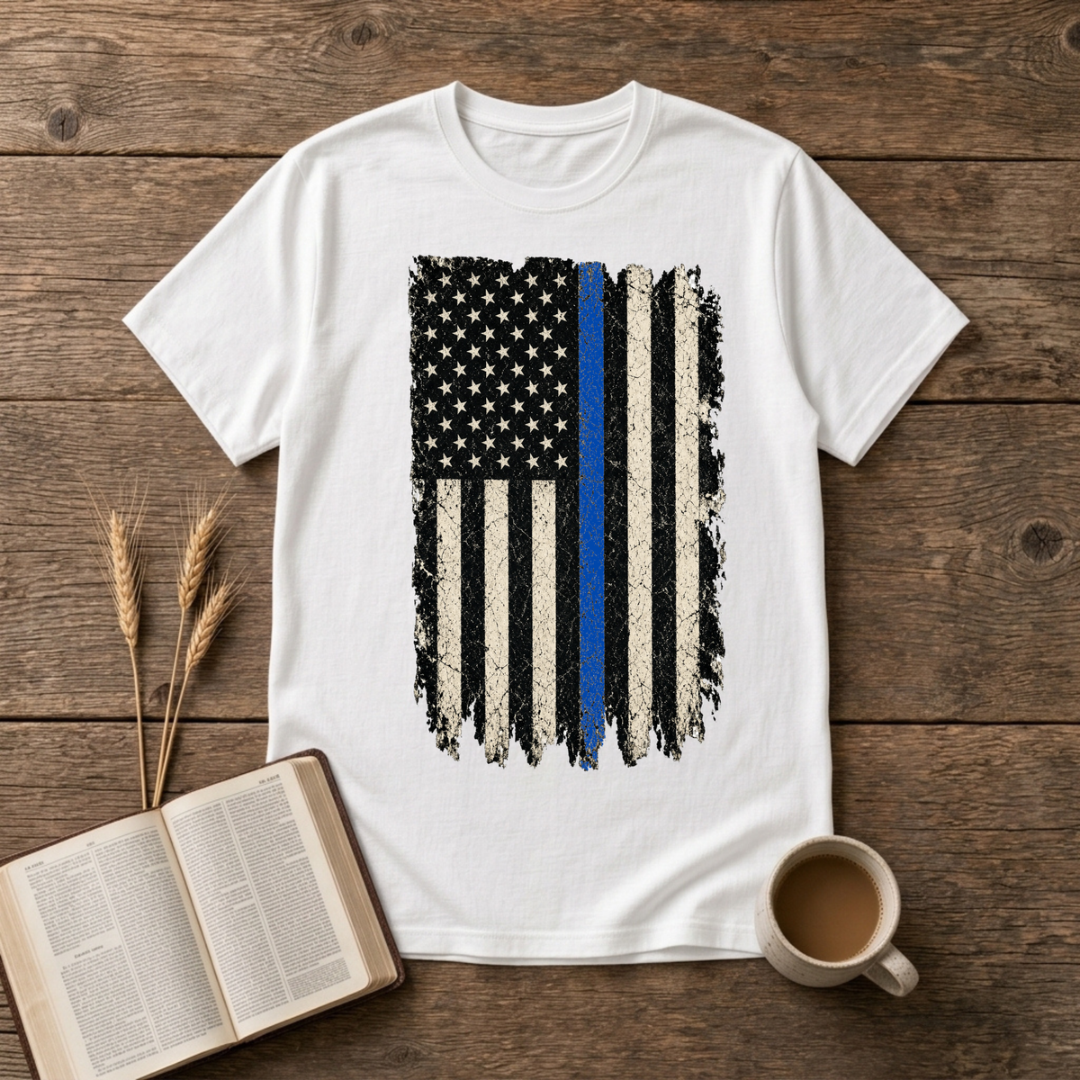 Distressed black and white American flag with a thin blue line on a White unisex T-Shirt