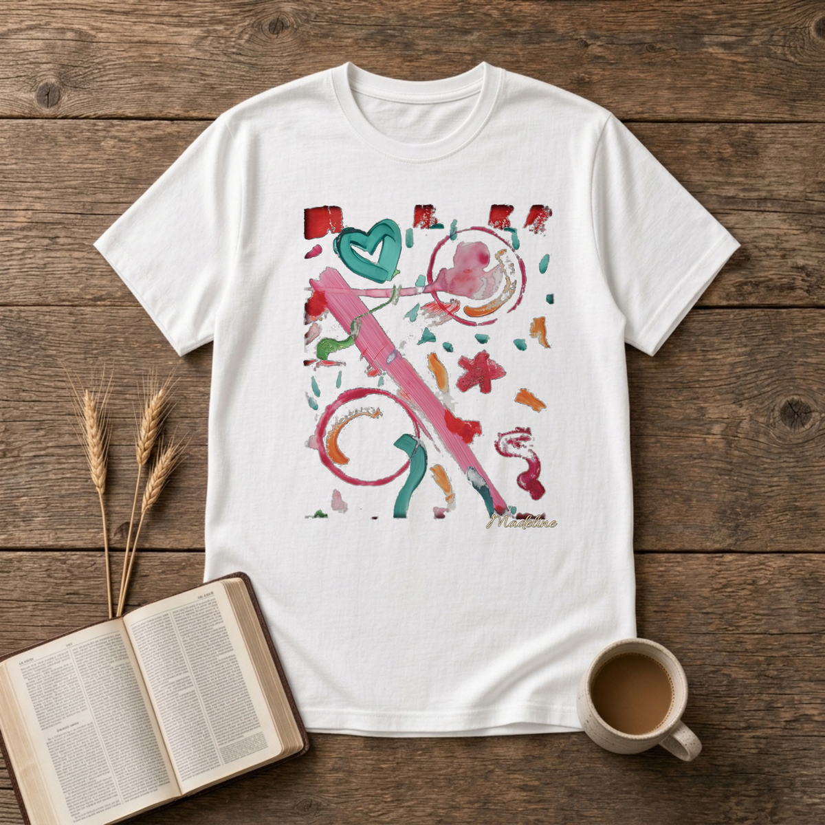Watercolor swirls with a hand-drawn heart and confetti strokes on a White unisex T-Shirt