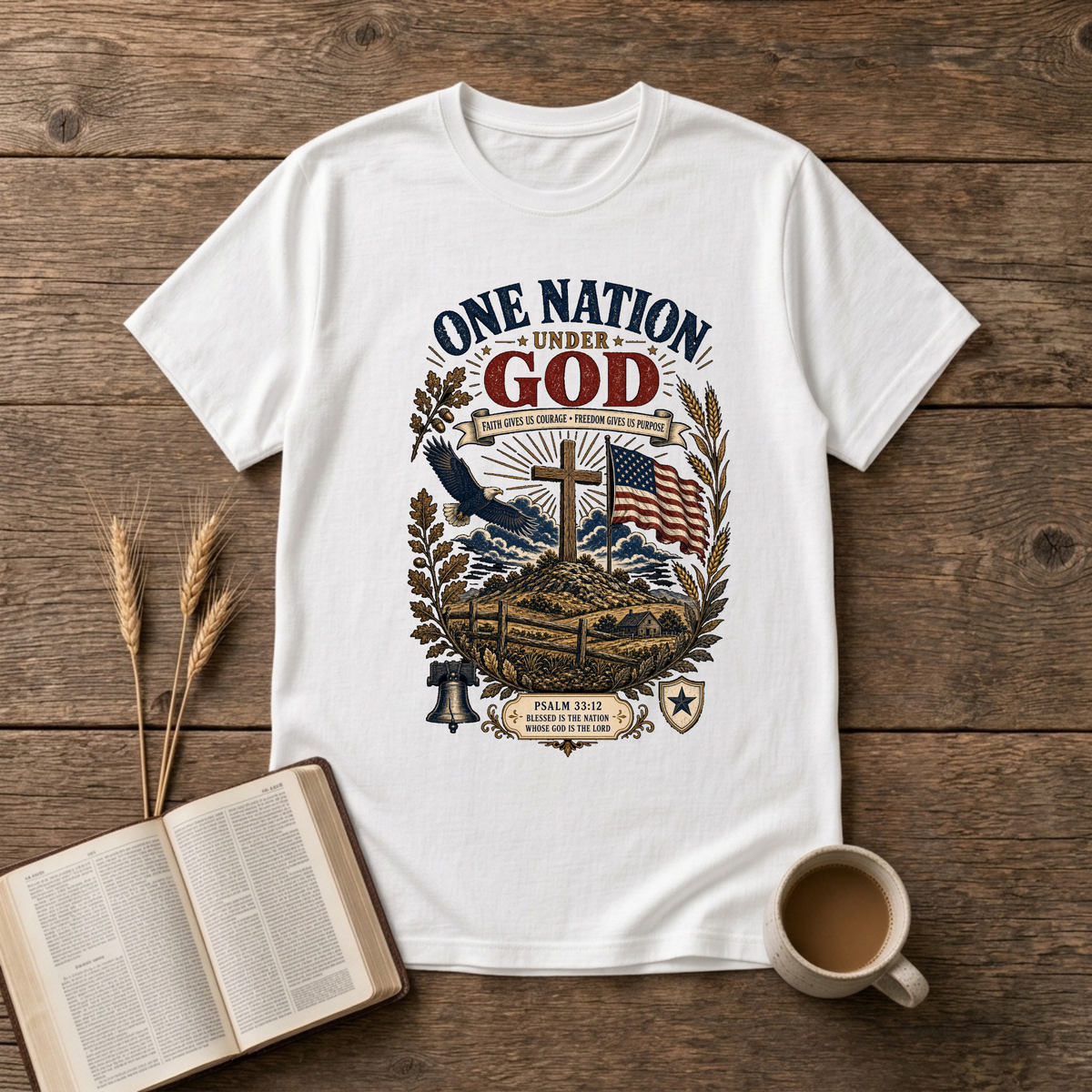 One Nation Under God design with a cross, waving flag, eagle and laurel sprigs on a White unisex T-Shirt