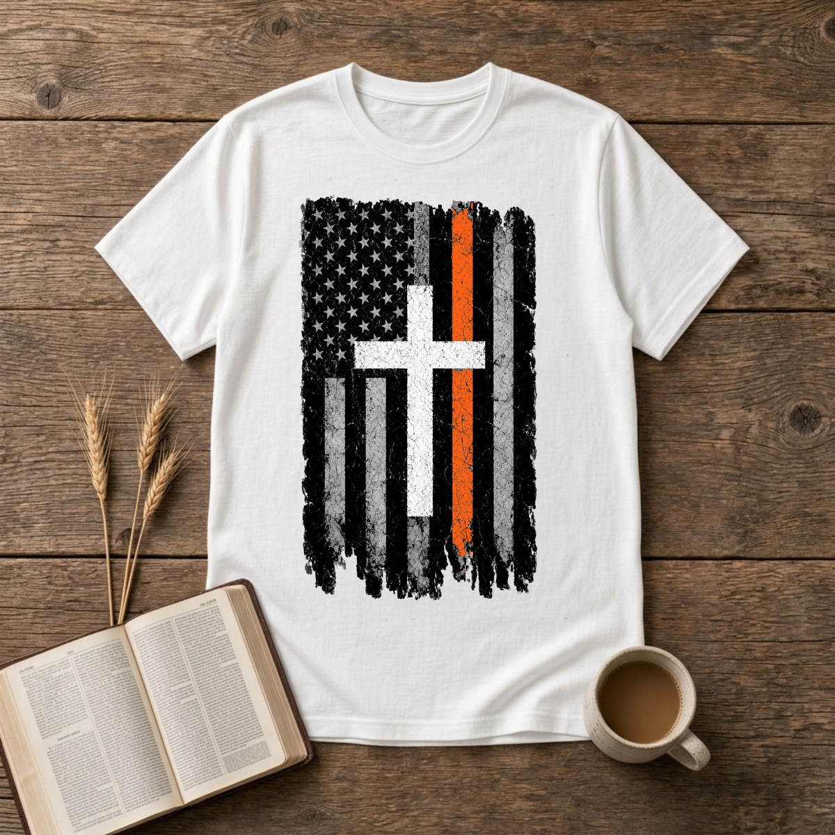 Distressed monochrome flag with a thin orange line and cross silhouette on a White unisex T-Shirt