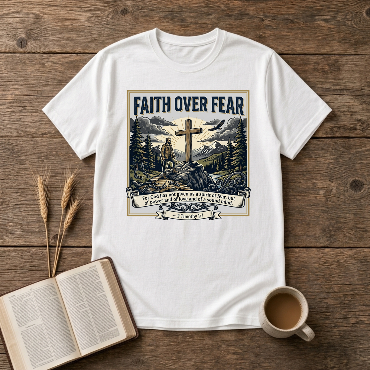 Faith Over Fear sketch of a cross on a rocky ridge with a hiker, pines and mountains on a White unisex T-Shirt