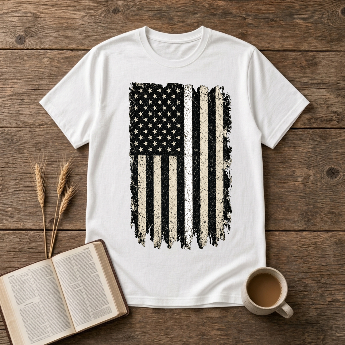 Weathered American flag with a thin white line on a White unisex T-Shirt