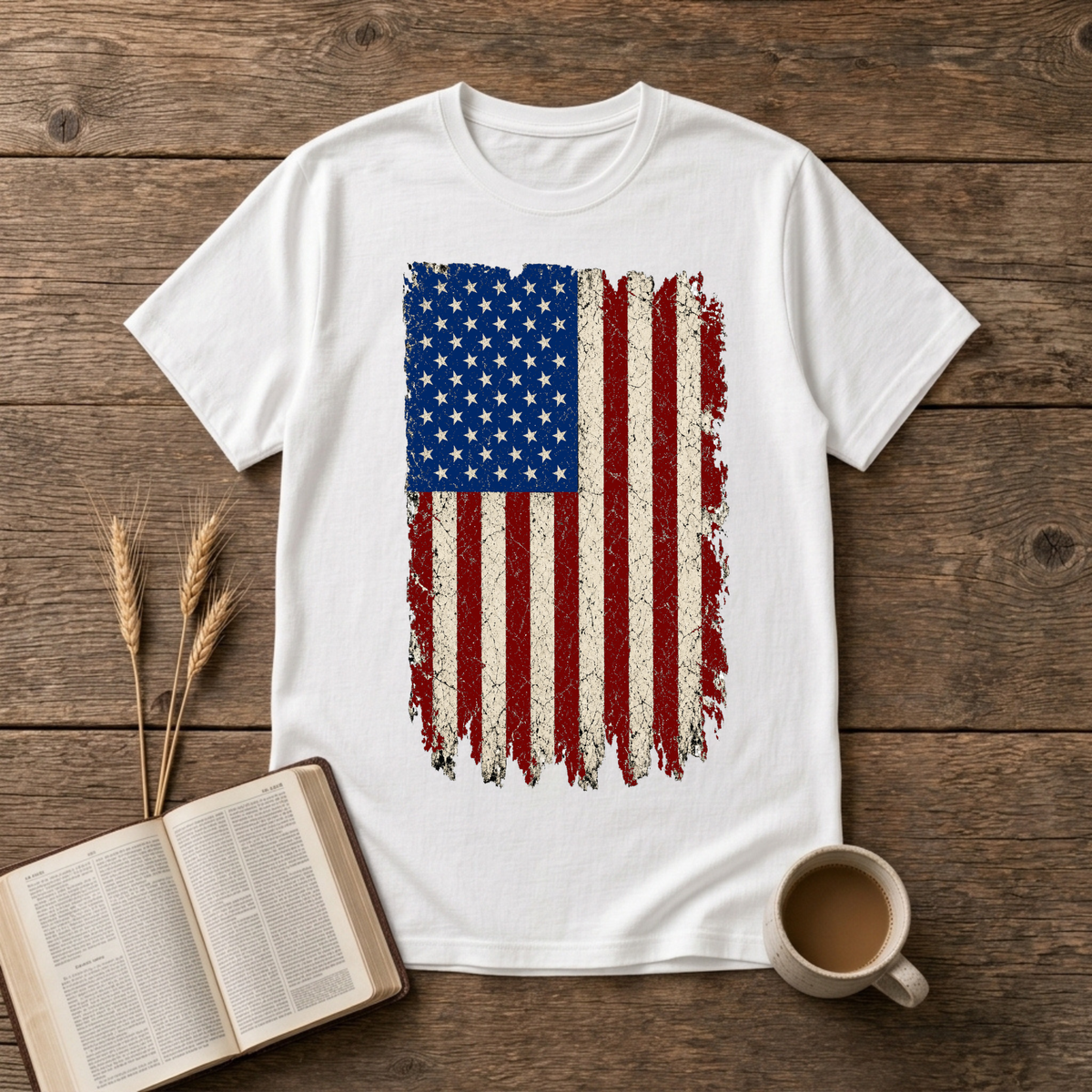 Distressed red, white and blue American flag with brushstroke edges on a White unisex T-Shirt.