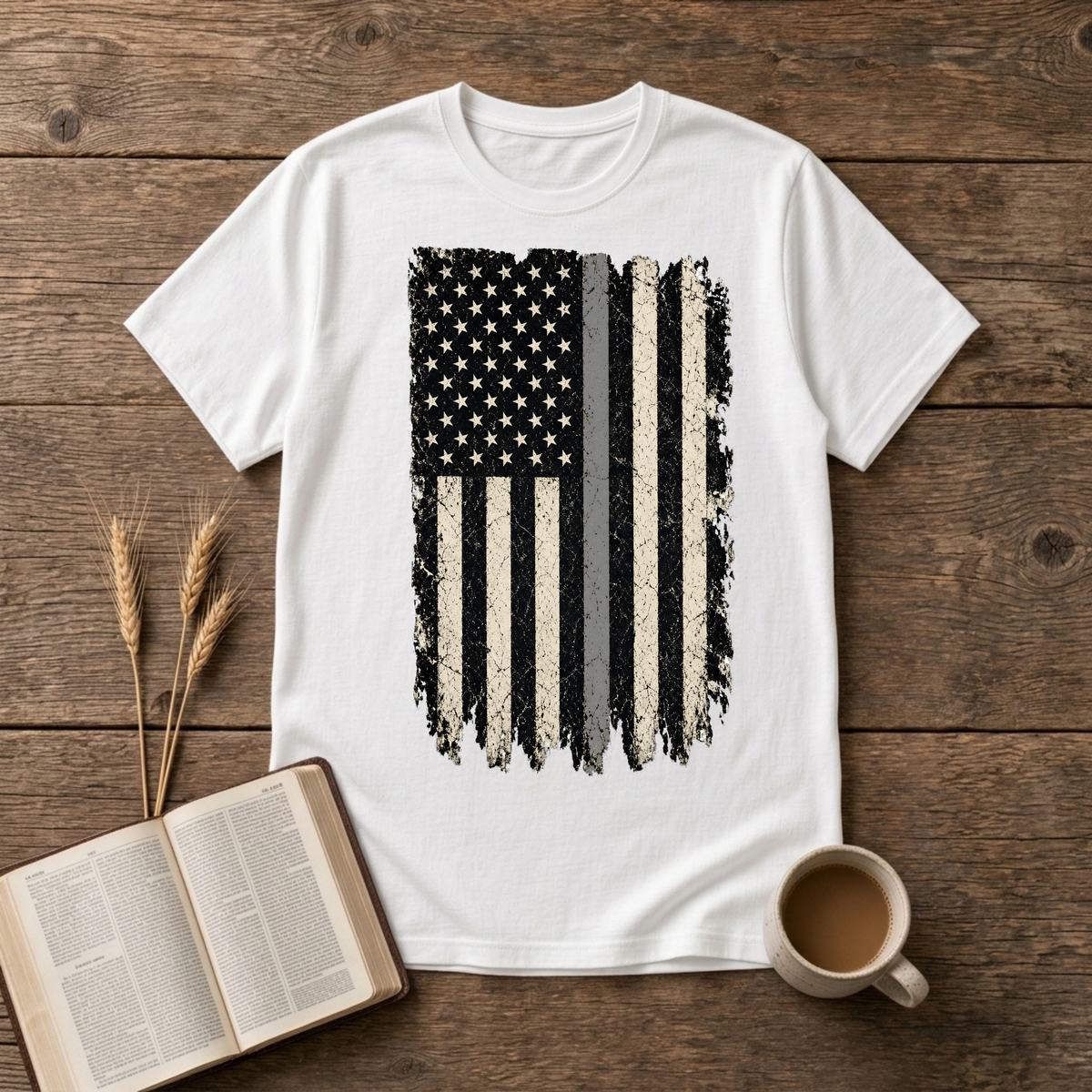 Distressed monochrome American flag with a thin gray line on a White unisex T-Shirt