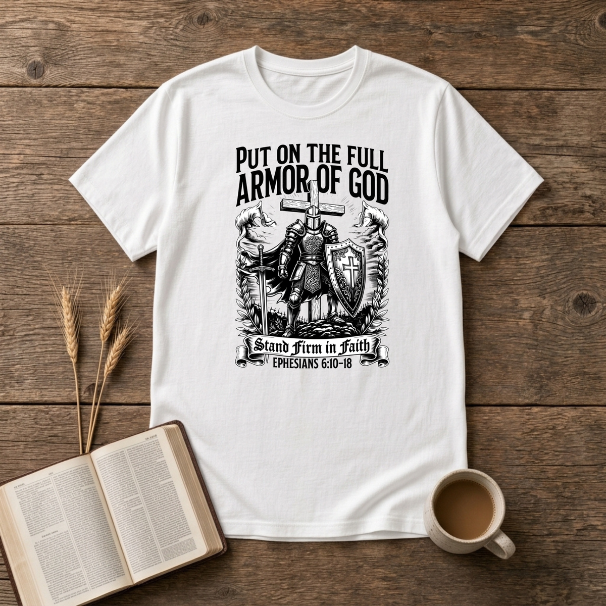 Black-and-white knight in armor with the words Put on the full Armor of God on a White unisex T-Shirt