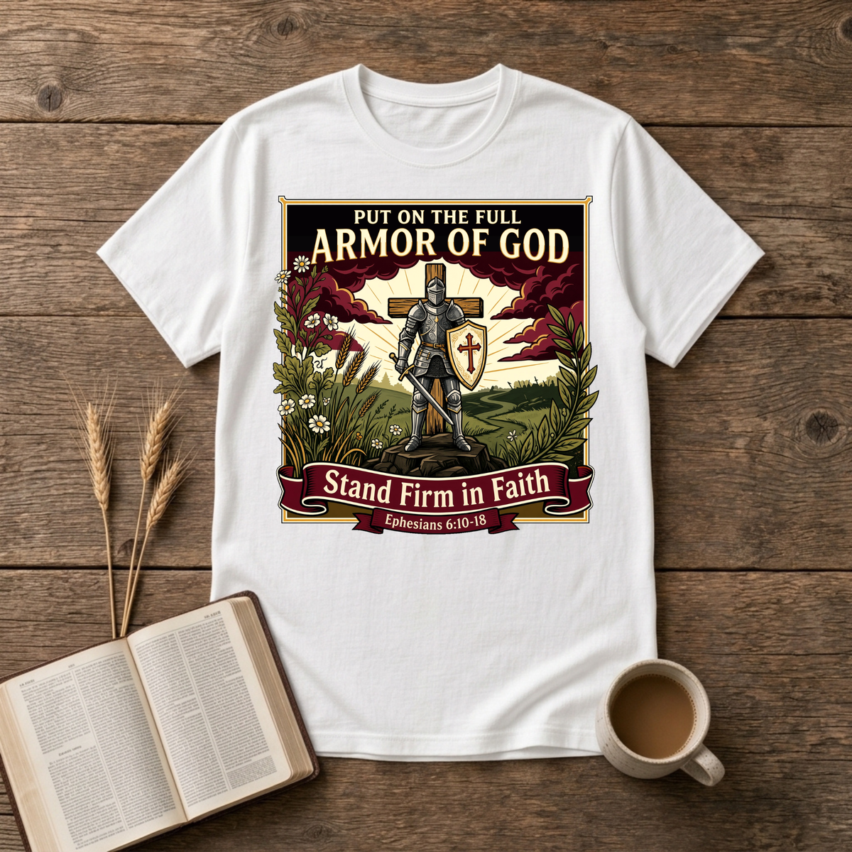 Armor of God design of a figure standing firm with a shield and cross under dramatic skies on a White unisex T-Shirt