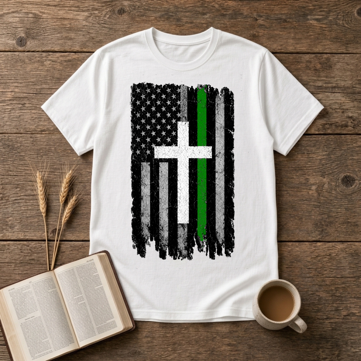 Distressed American flag fused with a cross and green line on a White unisex T-Shirt